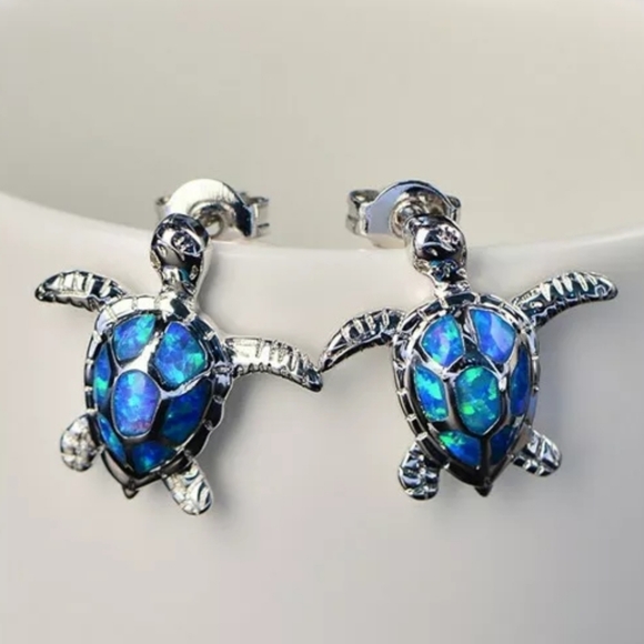 Jewelry - Blue Fire Opal Turtle Earrings